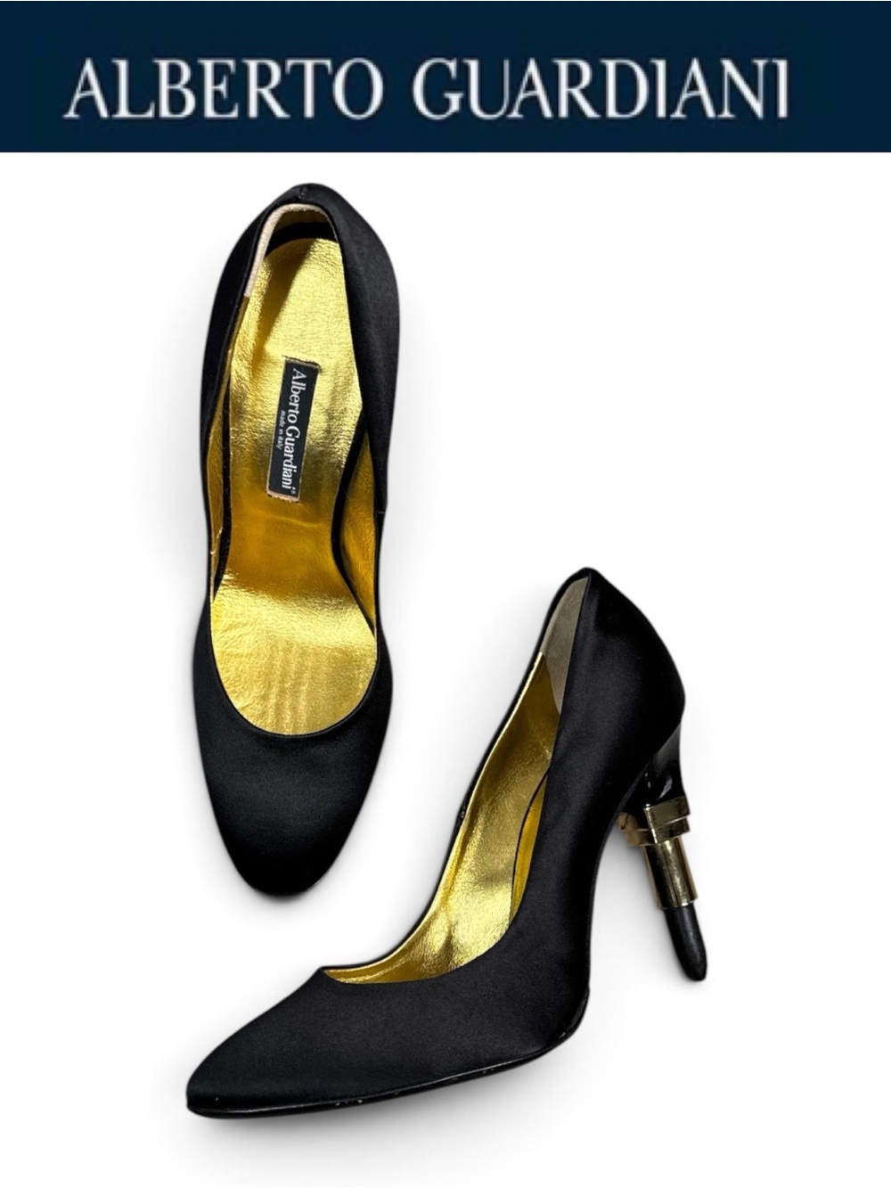 ALBERTO GUARDIANI ICONIC BLACK SATIN LIPSTICK HEEL PUMPS GOLD ITALY EU 39